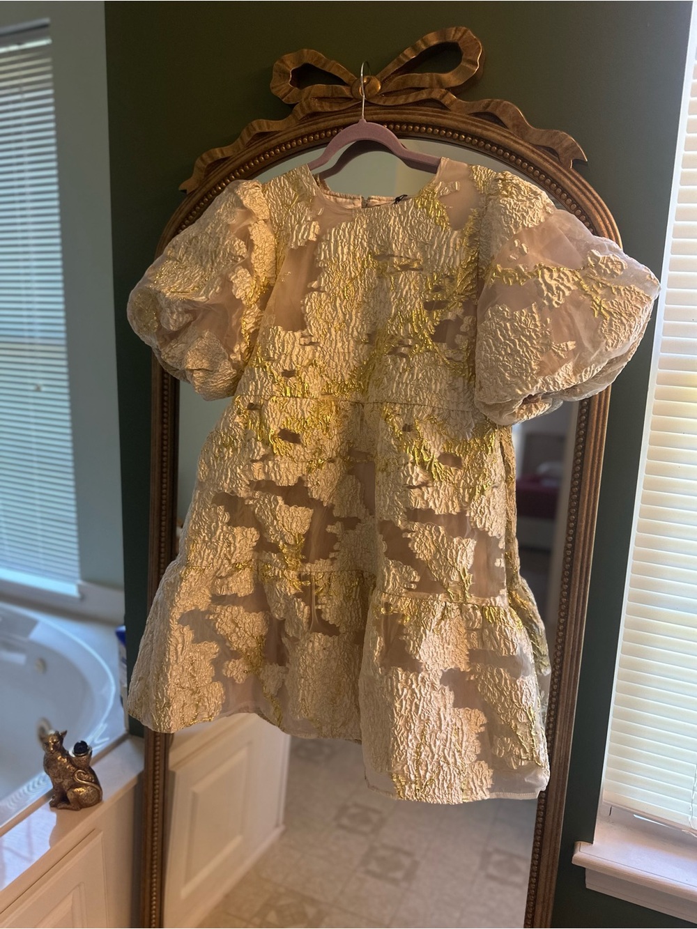 THML Cream and Gold Puff-Sleeve Brocade Dress